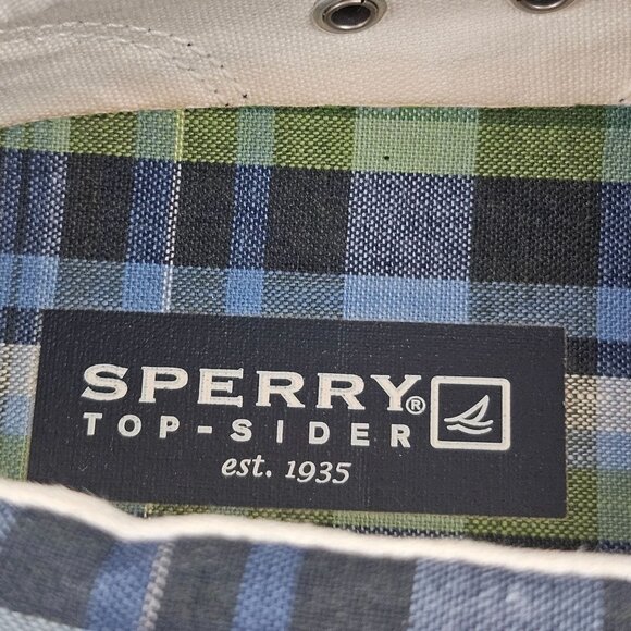 Sperry Top Sider Boat Shoes Mens Size 9.5 M Blue Green Plaid Slip-On Canvas - Picture 3 of 9